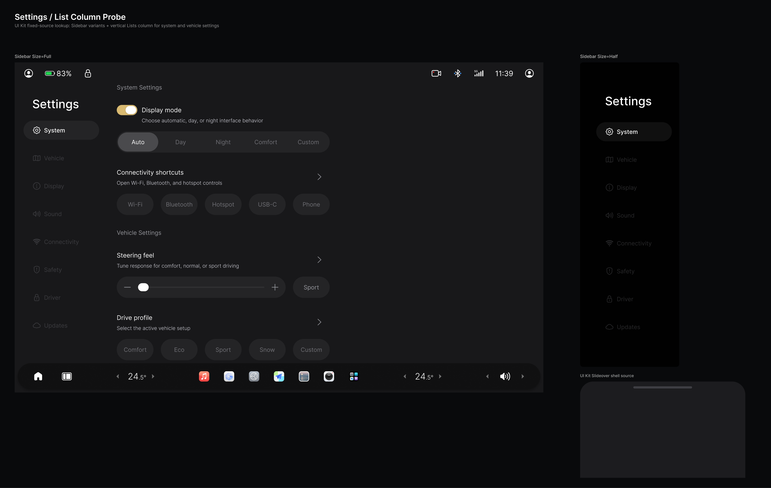 Sidebar Full and Half variants with selected state