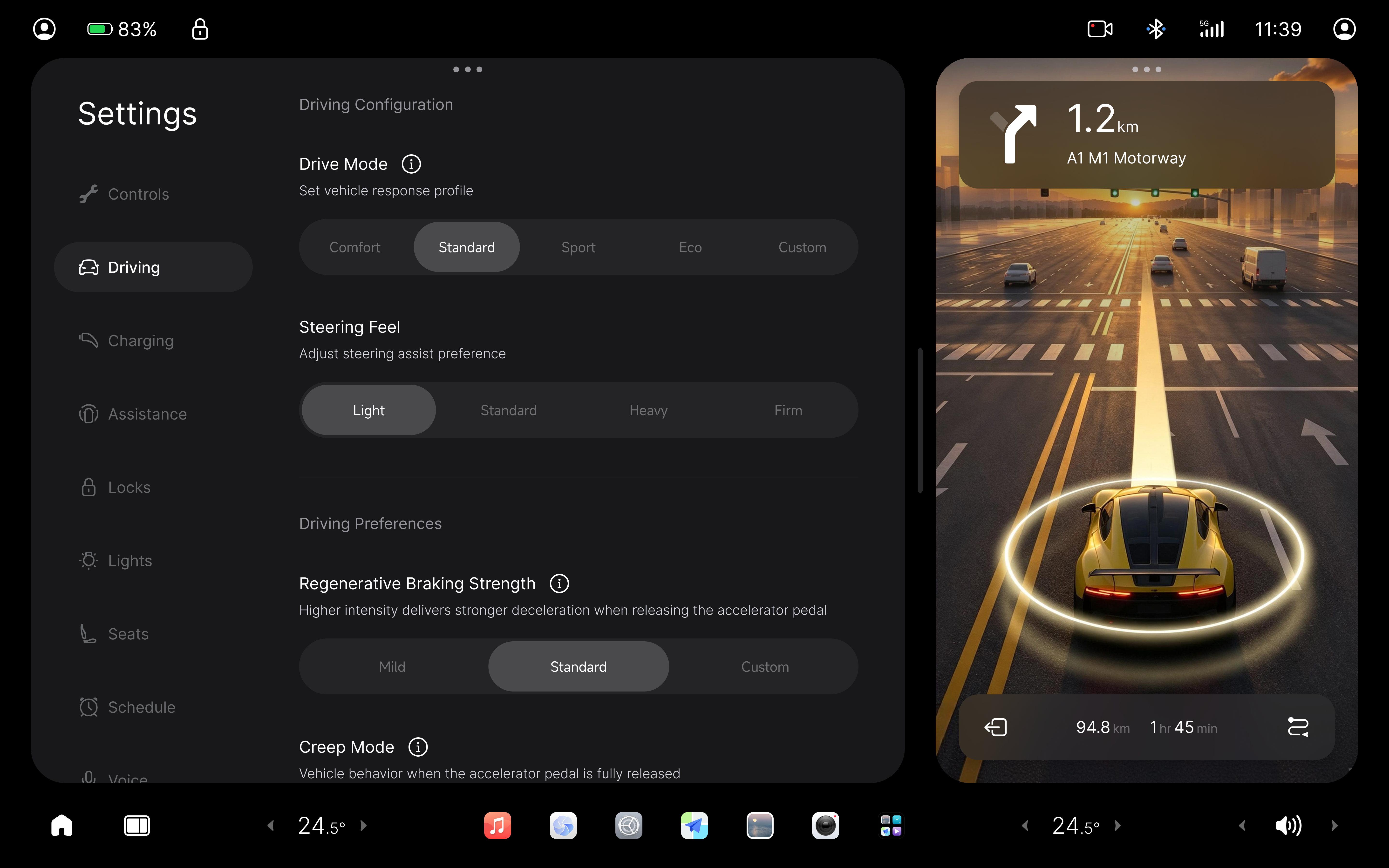 Nebula OS split-screen layout with vehicle settings on the left and navigation on the right