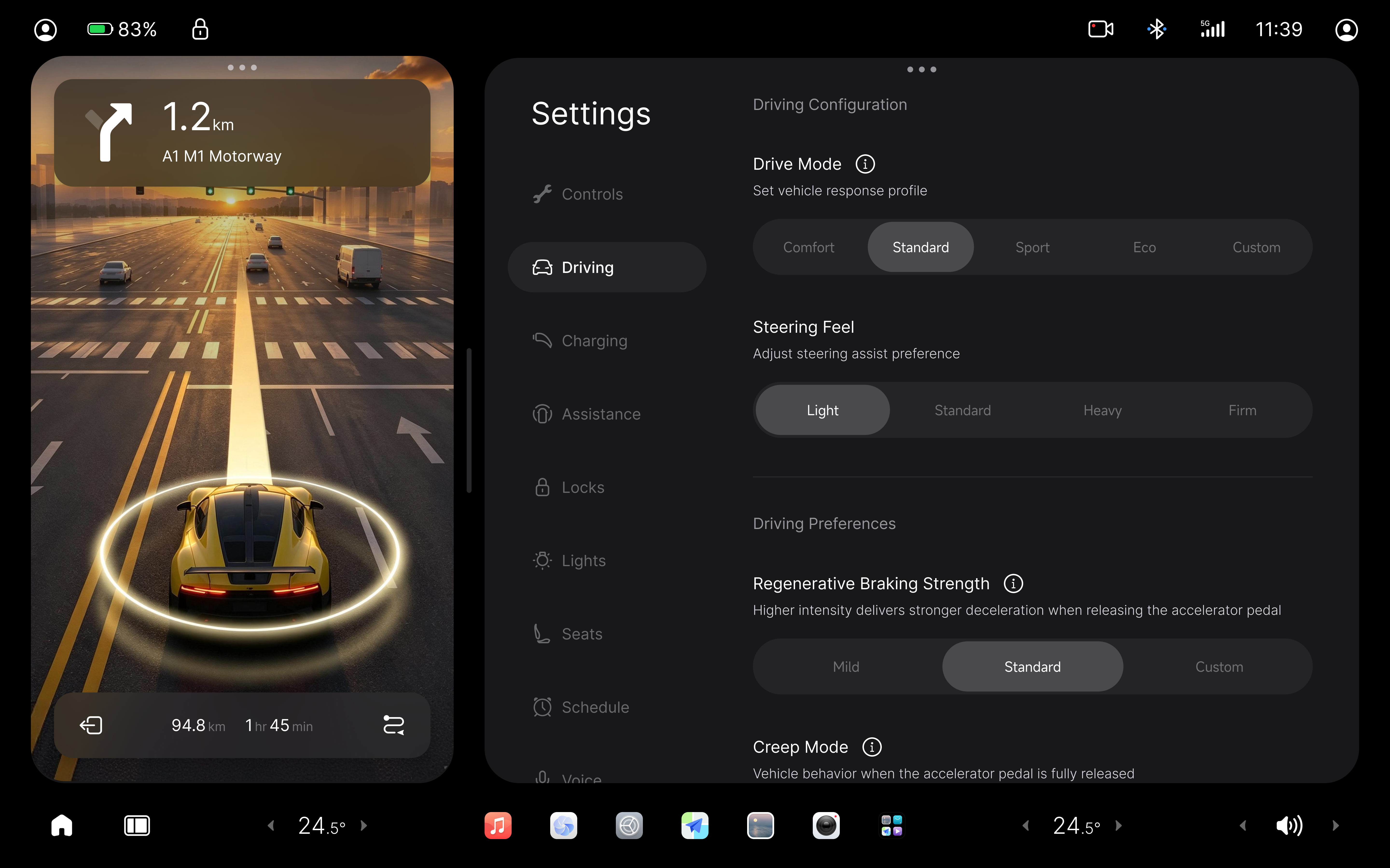 Nebula OS split-screen layout with navigation on the left and vehicle settings on the right