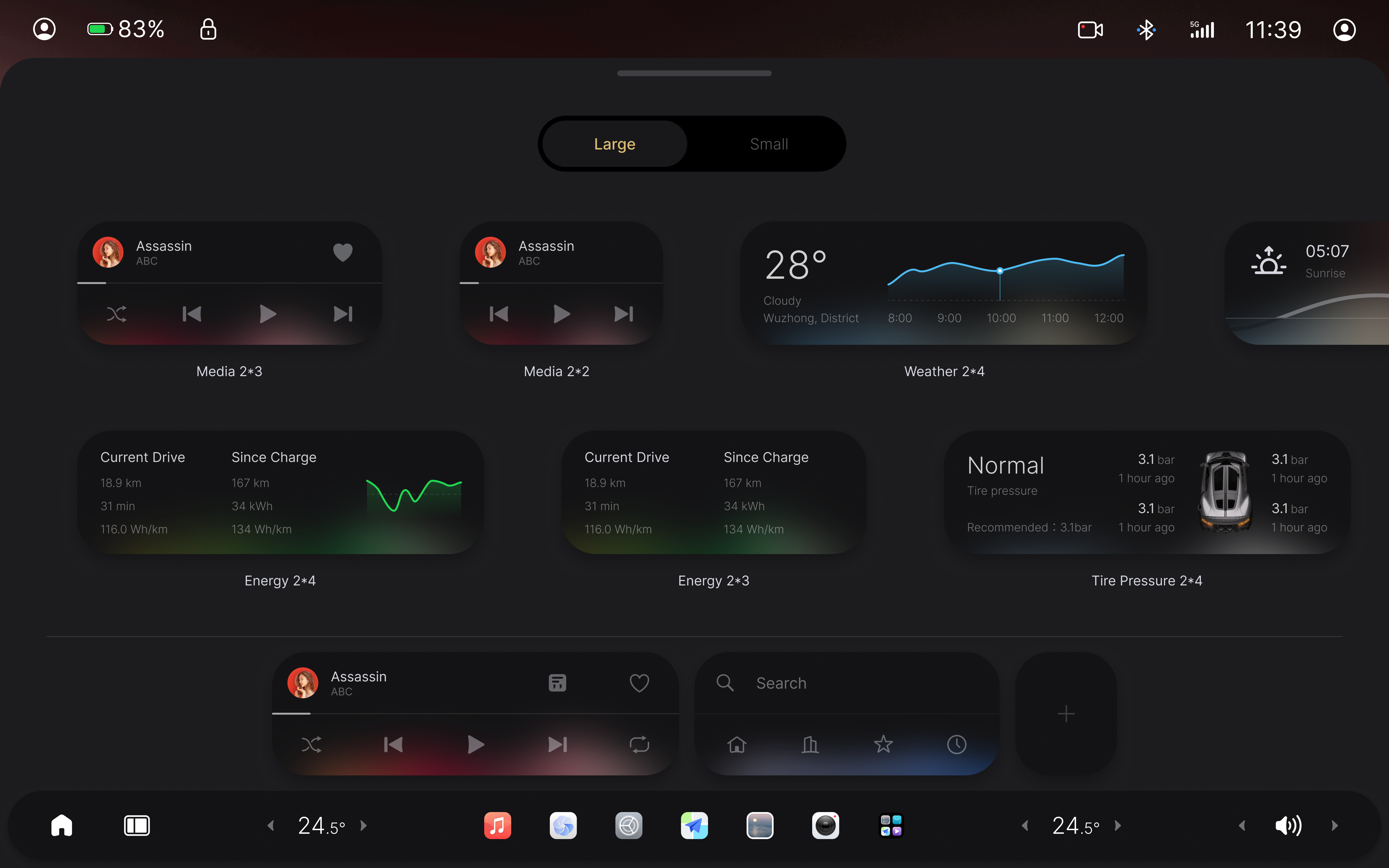 Nebula OS large card configurations for media, weather, energy, and tire pressure