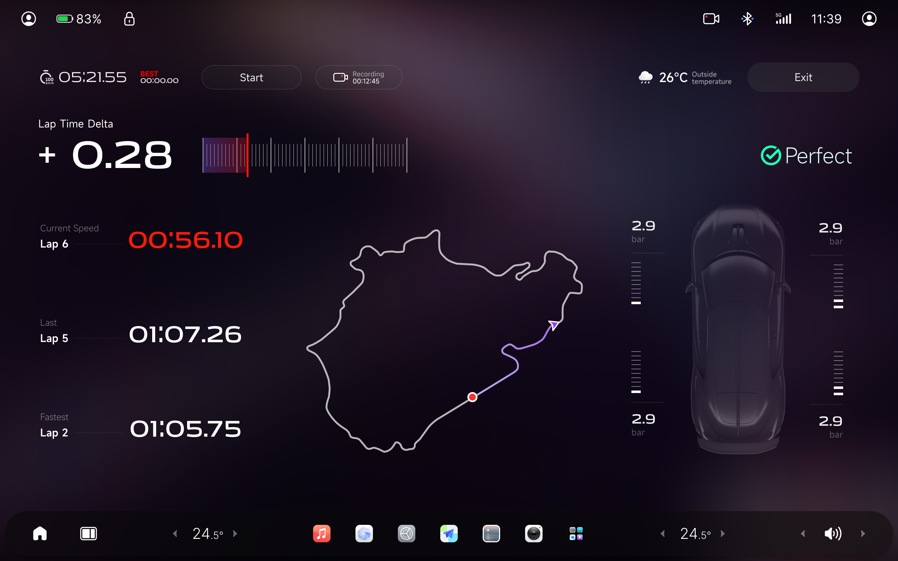 Nebula OS track telemetry with lap timing and tire pressure